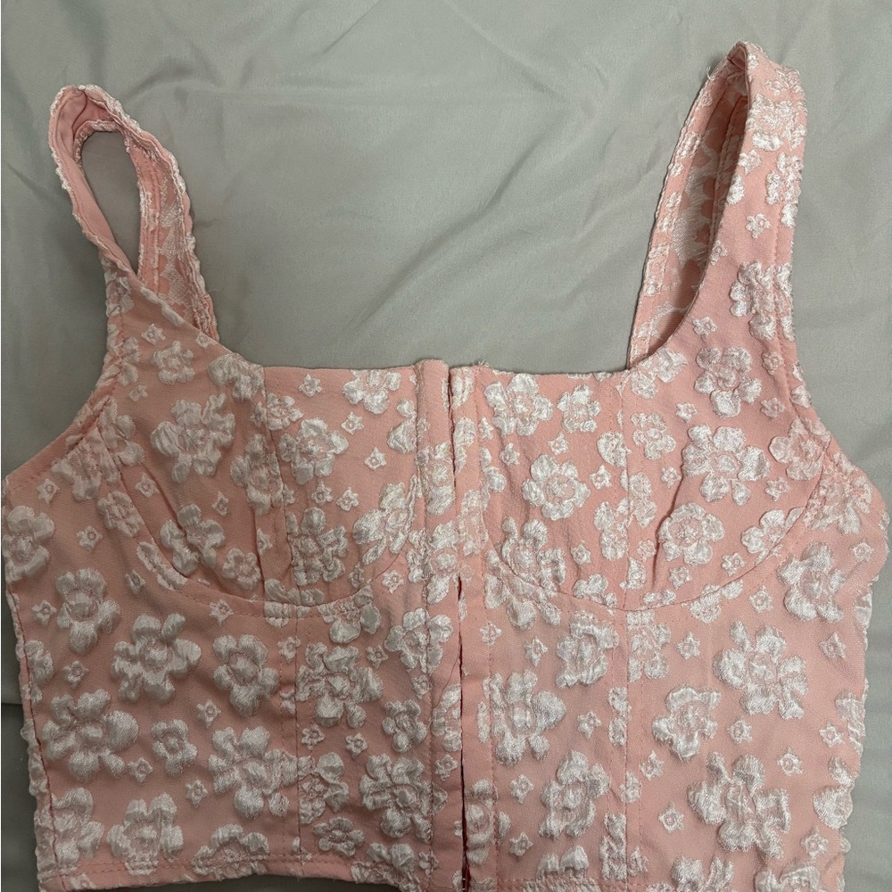 Pink Floral Embroidered Crop Top